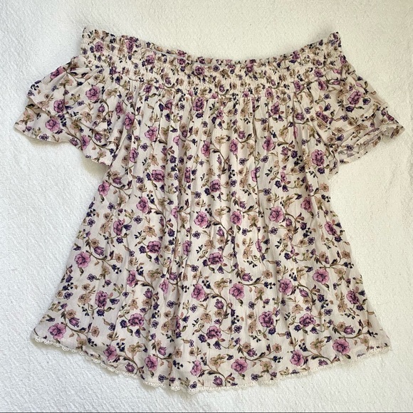 REWIND Cream Pink Purple Floral Off Shoulder Prairie Hippie Boho Top - Picture 4 of 9